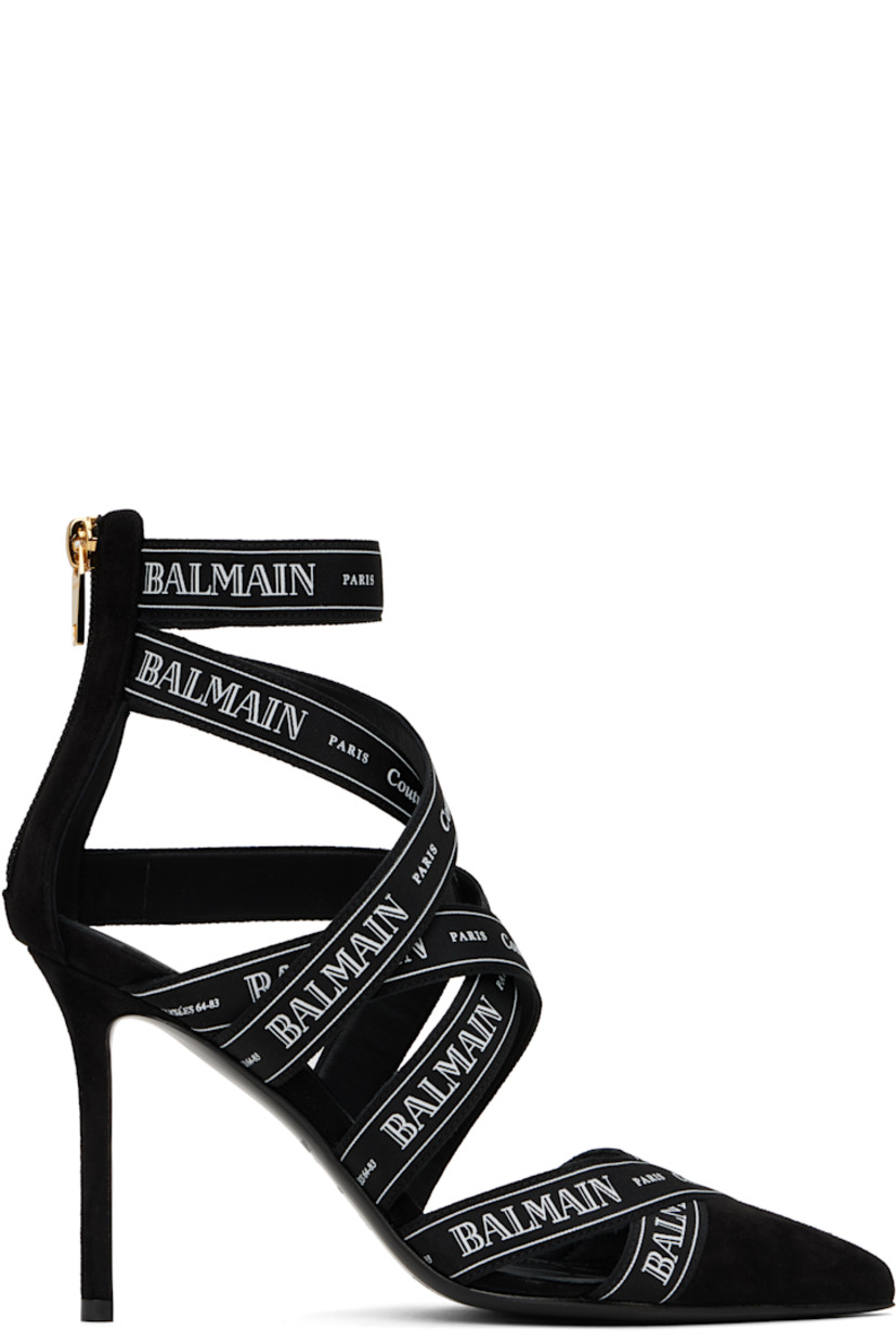 Goatskin suede heels in black. Logo-printed crisscrossing straps throughout.

· Pointed toe
· Zip closure at heel
· Logo stamp at leather footbed
· Covered stiletto heel with rubber injection
· Calfskin sole with rubber injection
· Heel: H4"

Supplier color: Black
