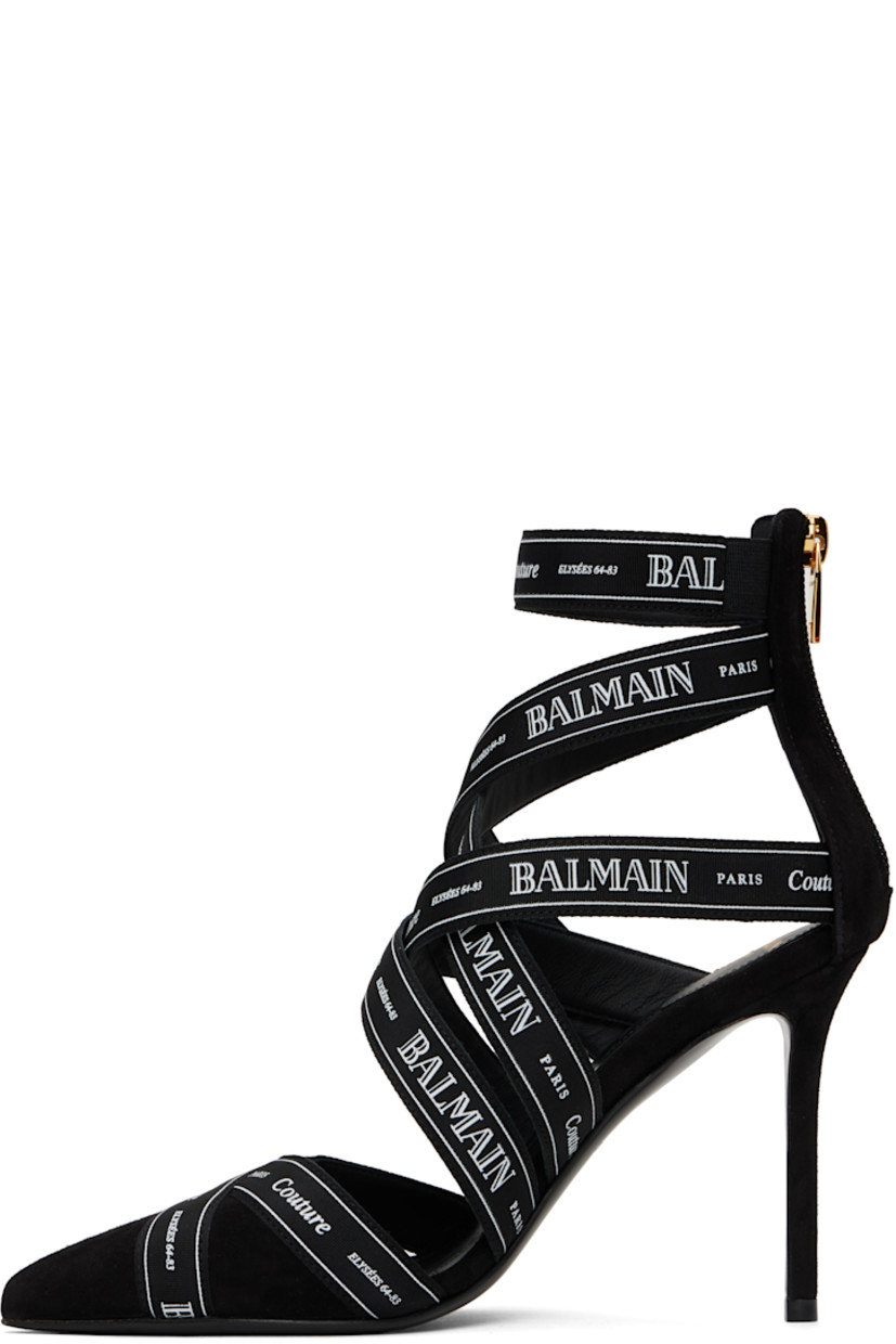 Goatskin suede heels in black. Logo-printed crisscrossing straps throughout.

· Pointed toe
· Zip closure at heel
· Logo stamp at leather footbed
· Covered stiletto heel with rubber injection
· Calfskin sole with rubber injection
· Heel: H4"

Supplier color: Black