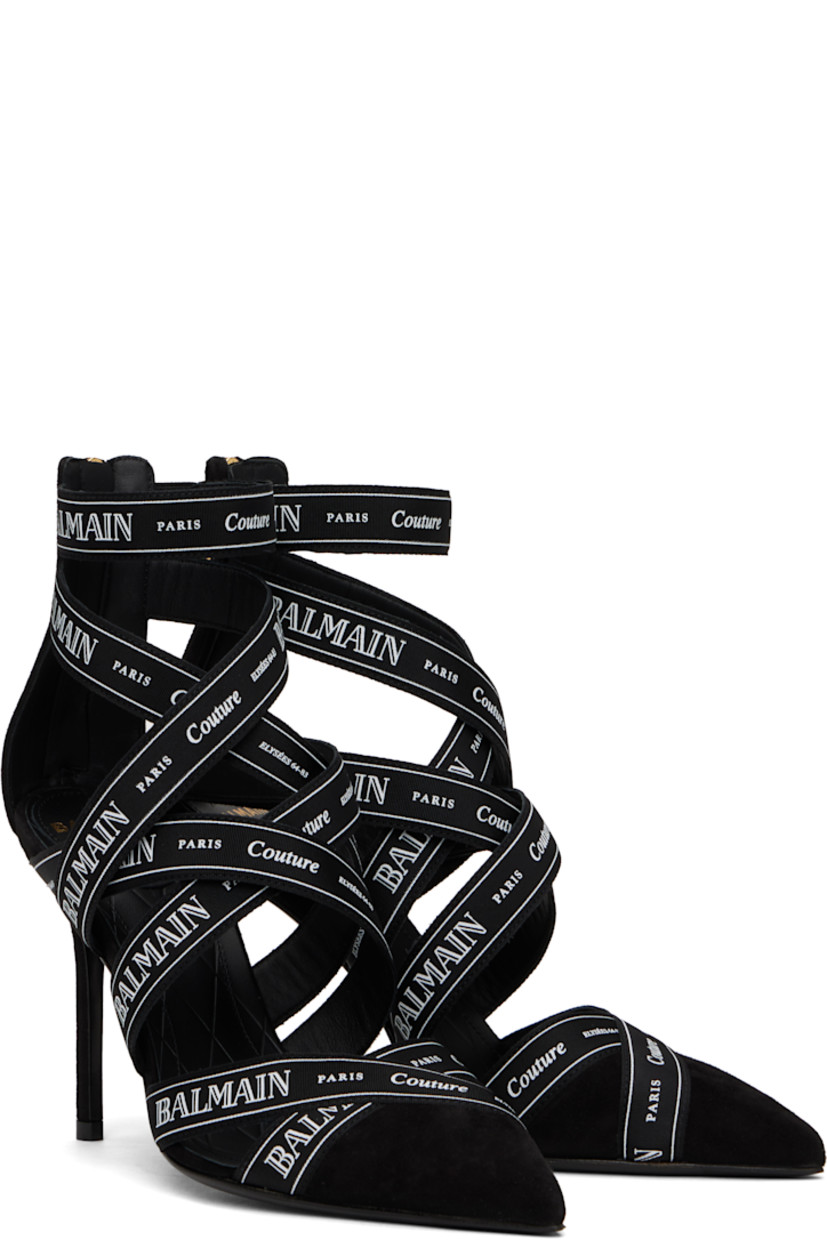 Goatskin suede heels in black. Logo-printed crisscrossing straps throughout.

· Pointed toe
· Zip closure at heel
· Logo stamp at leather footbed
· Covered stiletto heel with rubber injection
· Calfskin sole with rubber injection
· Heel: H4"

Supplier color: Black