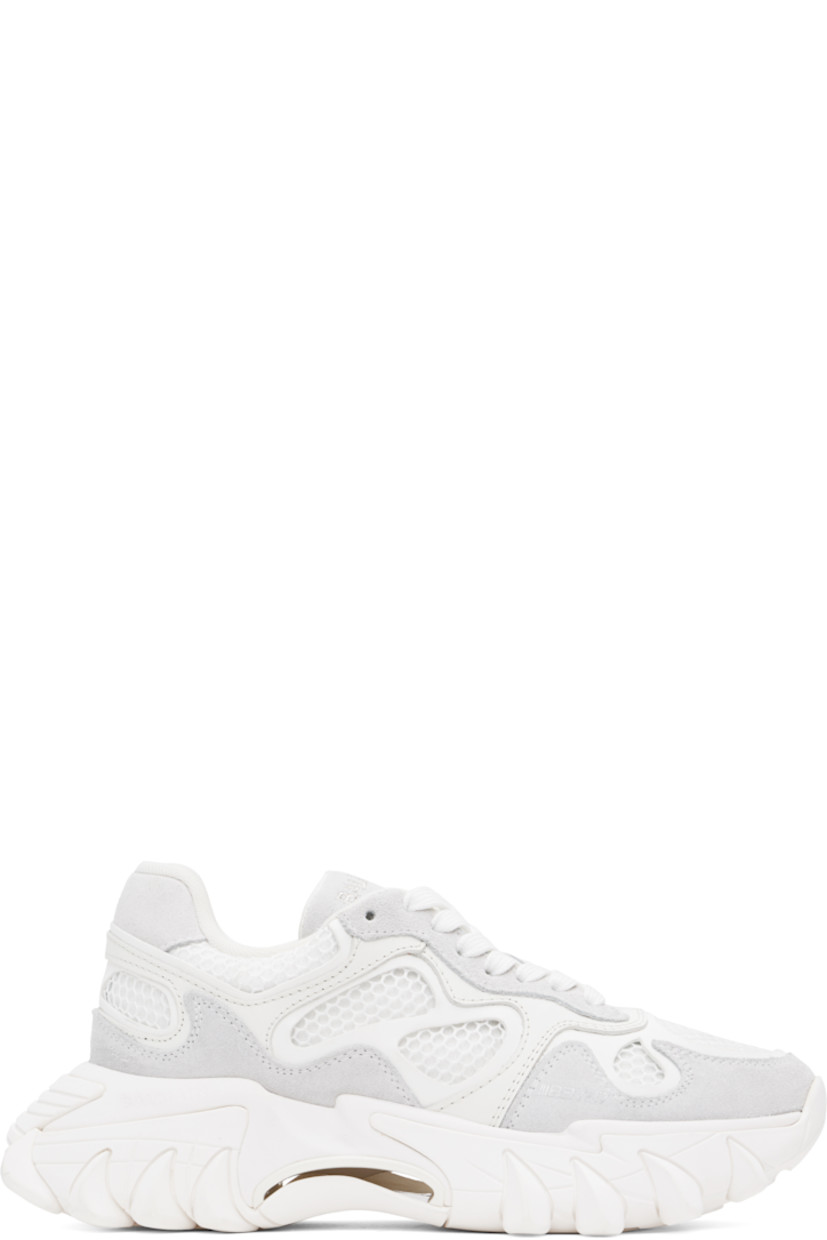 Low-top paneled mesh, buffed leather, and suede sneakers in white and gray.

· Lace-up closure
· Logo embroidered at padded tongue
· Padded collar
· Text bonded at outer side
· Logo embossed at heel tab
· Suede and mesh lining
· Logo embossed at sculptural rubber midsole
· Treaded rubber sole

Supplier color: White