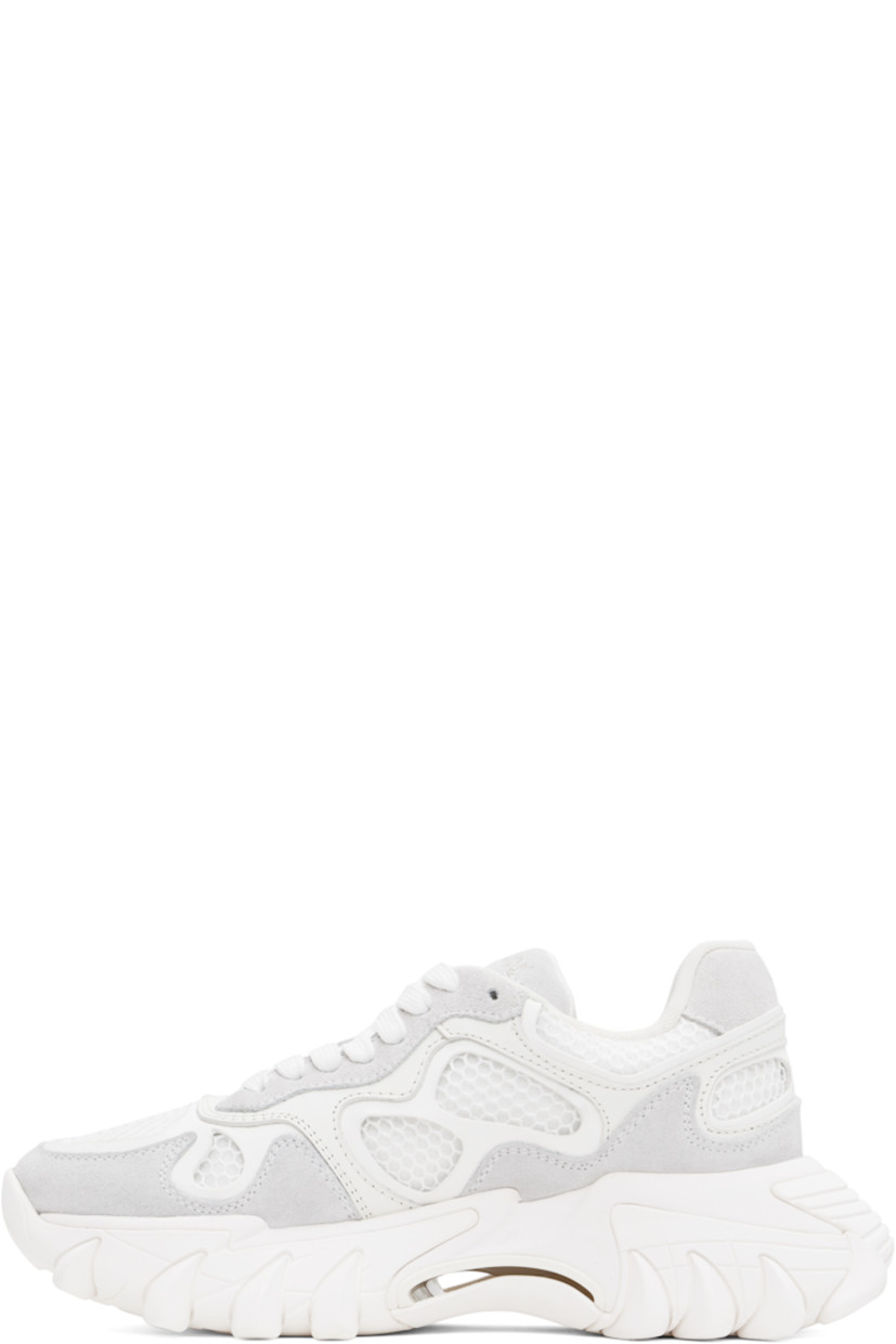 Low-top paneled mesh, buffed leather, and suede sneakers in white and gray.

· Lace-up closure
· Logo embroidered at padded tongue
· Padded collar
· Text bonded at outer side
· Logo embossed at heel tab
· Suede and mesh lining
· Logo embossed at sculptural rubber midsole
· Treaded rubber sole

Supplier color: White