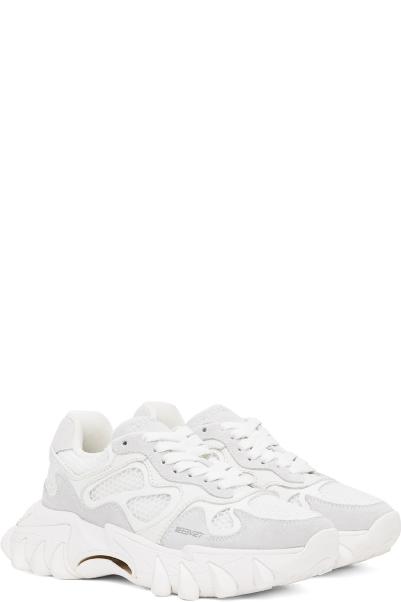 Low-top paneled mesh, buffed leather, and suede sneakers in white and gray.

· Lace-up closure
· Logo embroidered at padded tongue
· Padded collar
· Text bonded at outer side
· Logo embossed at heel tab
· Suede and mesh lining
· Logo embossed at sculptural rubber midsole
· Treaded rubber sole

Supplier color: White