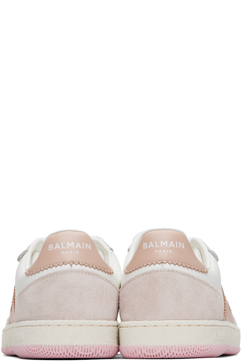 Low-top buffed calfskin and goatskin suede sneakers in white and pink.

· Lace-up closure
· Perforations and embossed logo at padded tongue
· Padded collar
· Logo appliqué at sides
· Logo embossed at outer side
· Logo printed at heel tab
· Buffed calfskin lining
· Logo-embossed textured rubber midsole
· Treaded rubber sole

Supplier color: Beige