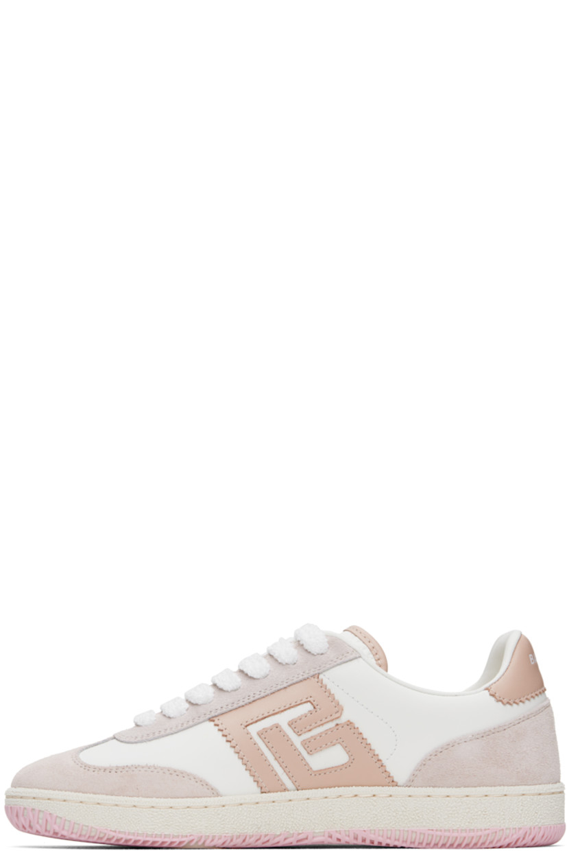 Low-top buffed calfskin and goatskin suede sneakers in white and pink.

· Lace-up closure
· Perforations and embossed logo at padded tongue
· Padded collar
· Logo appliqué at sides
· Logo embossed at outer side
· Logo printed at heel tab
· Buffed calfskin lining
· Logo-embossed textured rubber midsole
· Treaded rubber sole

Supplier color: Beige