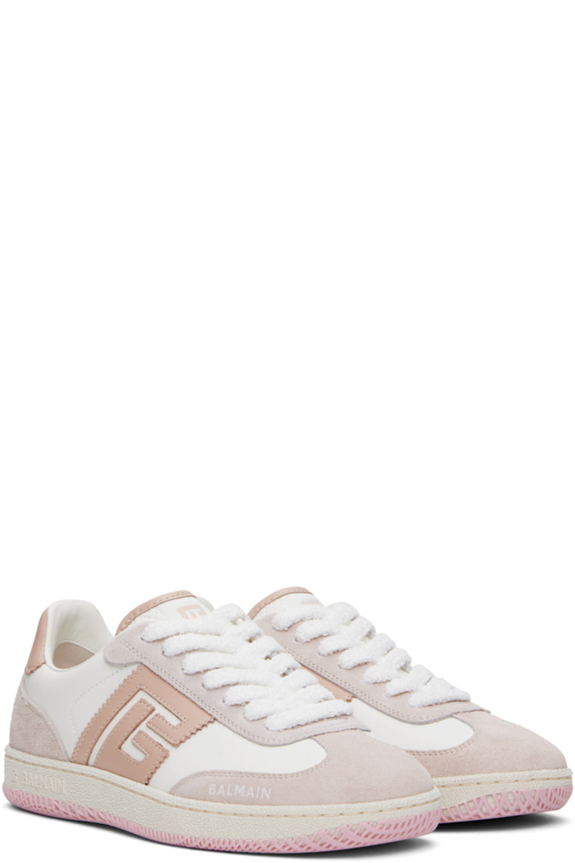 Low-top buffed calfskin and goatskin suede sneakers in white and pink.

· Lace-up closure
· Perforations and embossed logo at padded tongue
· Padded collar
· Logo appliqué at sides
· Logo embossed at outer side
· Logo printed at heel tab
· Buffed calfskin lining
· Logo-embossed textured rubber midsole
· Treaded rubber sole

Supplier color: Beige