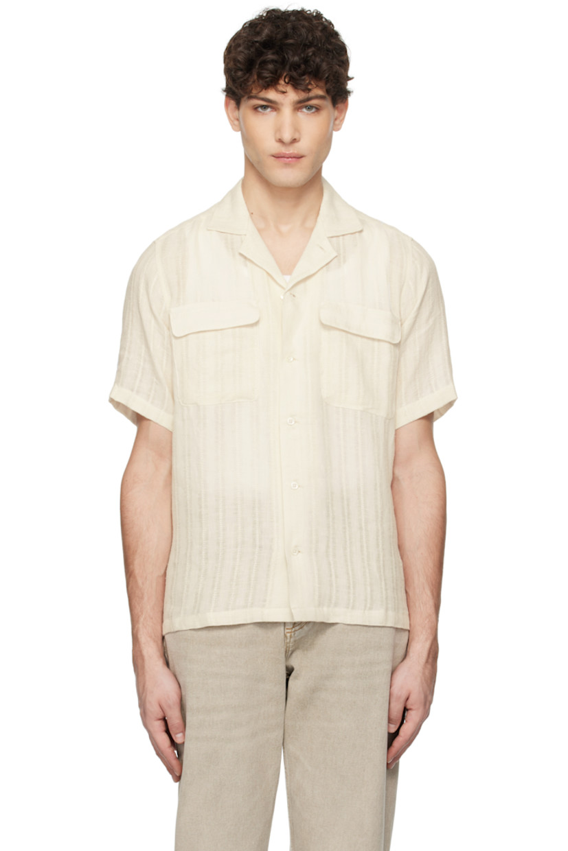 Linen broadcloth shirt. Stripes and woven detailing throughout. 

· Open spread collar
· Button closure
· Flap pockets
· Box pleat at back yoke

Supplier color: Light beige