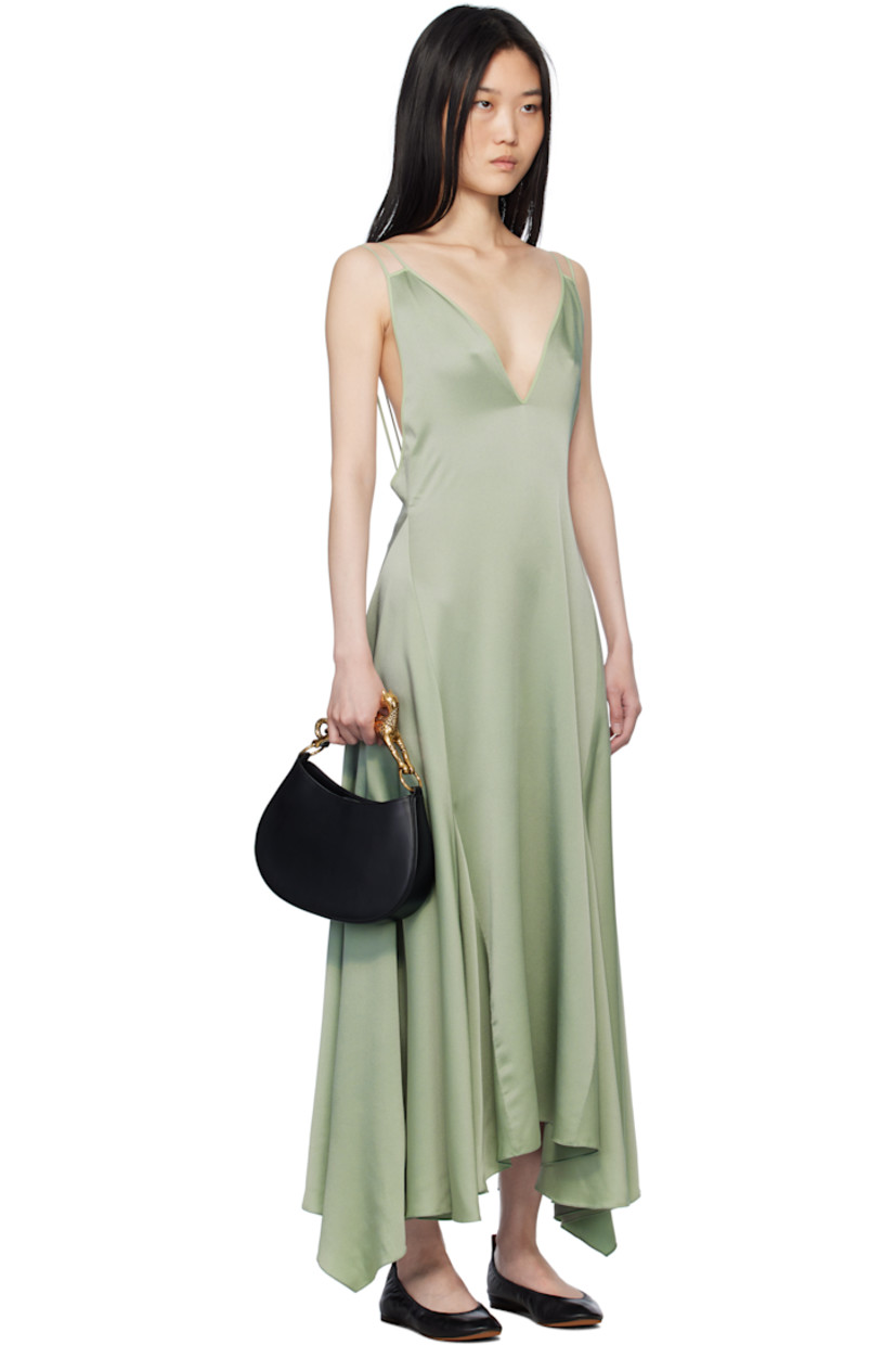 Silk satin midi dress. 

· Plunging V-neck 
· Godet panels at handkerchief hem 
· Fixed spaghetti straps 
· Zip closure at low back 
· Full acetate- and silk-blend crepe lining 

Supplier color: Vert de gris