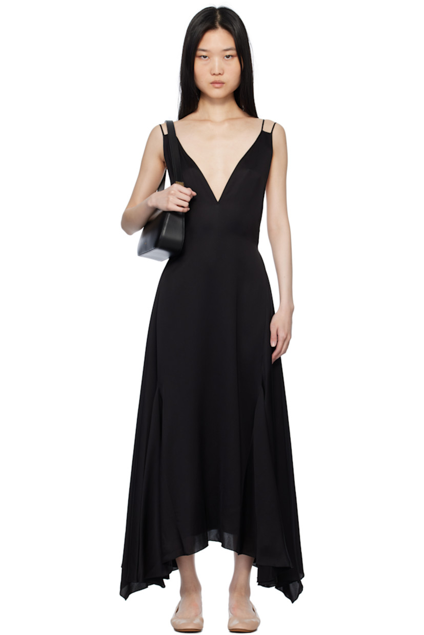 Silk satin midi dress. 

· Plunging V-neck 
· Godet panels at handkerchief hem
· Fixed spaghetti shoulder straps 
· Zip closure at low back 
· Full acetate- and silk-blend crepe lining 

Supplier color: Black