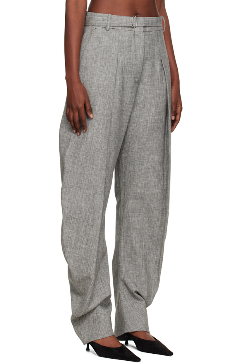 Viscose- and cotton-blend tweed trousers. 

· Belt loops
· Detachable cinch belt 
· Three-pocket styling
· Zip fly
· Pleats at front
· Creased legs
· Curved outseams
· Partial twill lining
· Horn hardware

Supplier color: Heather grey