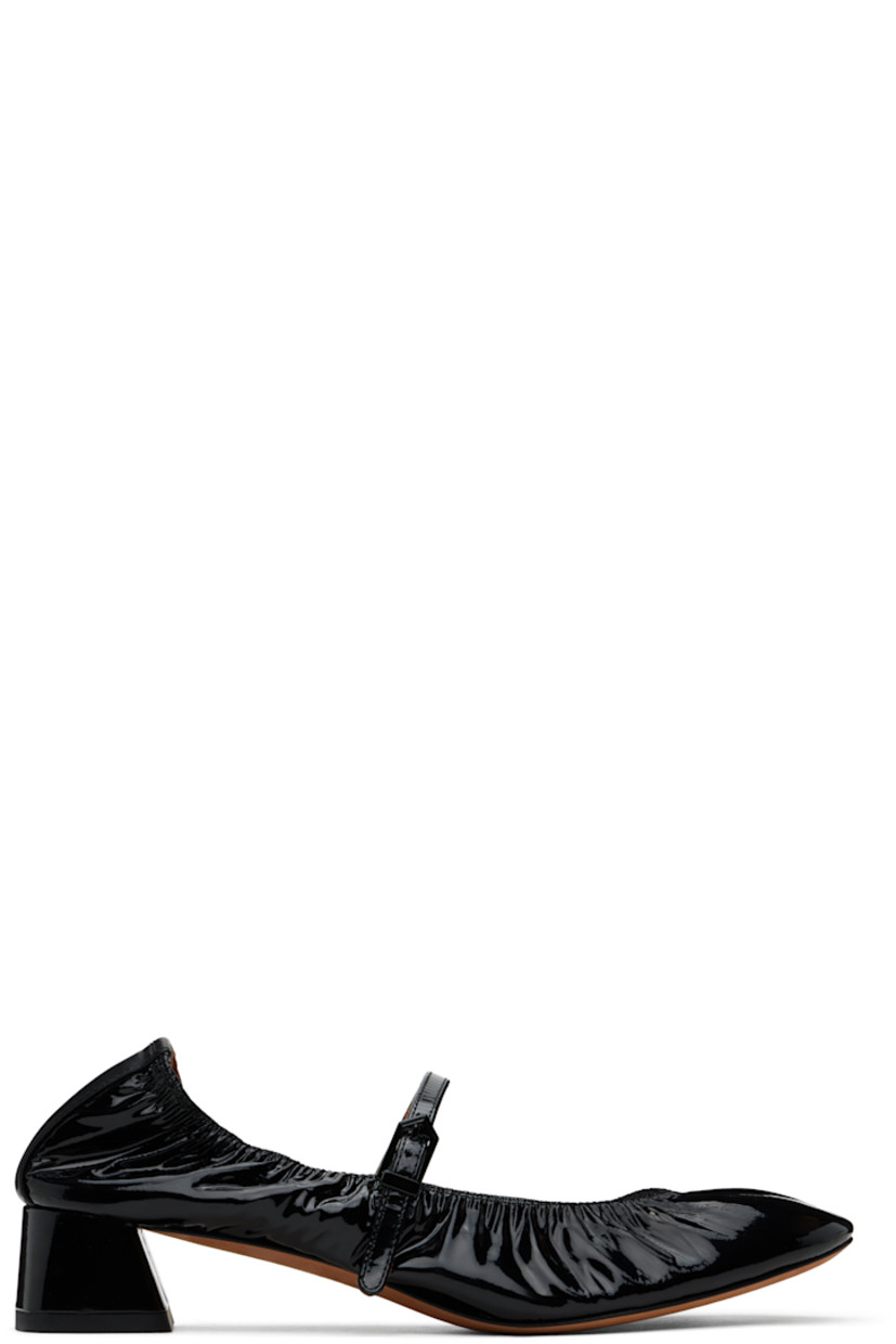 Patent calfskin Mary Jane-style heels in black.

· Pin-buckle strap at vamp
· Gathering at elasticized collar
· Logo stamp at heel tab
· Buffed goatskin lining
· Covered block heel with rubber injection
· Leather sole
· Heel: H1.25"

Supplier color: Black