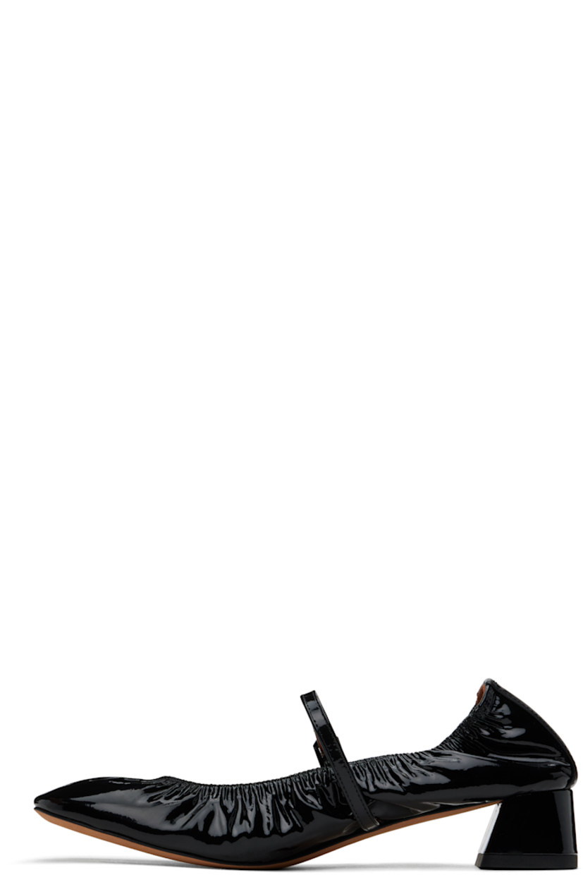 Patent calfskin Mary Jane-style heels in black.

· Pin-buckle strap at vamp
· Gathering at elasticized collar
· Logo stamp at heel tab
· Buffed goatskin lining
· Covered block heel with rubber injection
· Leather sole
· Heel: H1.25"

Supplier color: Black