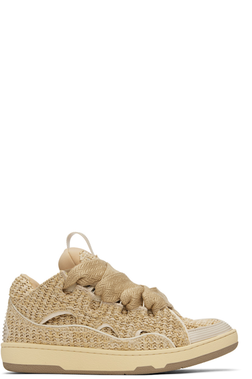 Low-top woven faux-raffia and grained calfskin sneakers in beige.

· Piping, cutouts, and rubberized trim throughout
· Logo embossed at toe
· Lace-up closure
· Logo plaque and pull-loop at tongue
· Padded tongue and collar
· Jersey lining
· Treaded rubber sole

Supplier color: Natural