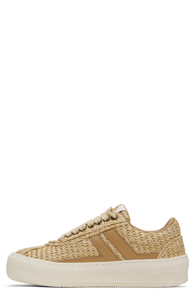 Low-top woven faux-raffia sneakers in beige.

· Lace-up closure
· Logo patch at padded tongue
· Padded collar
· Buffed calfskin logo appliqués at sides
· Logo flag at outer side
· Logo embossed at heel 
· Grained calfskin lining
· Treaded rubber sole

Supplier color: Natural