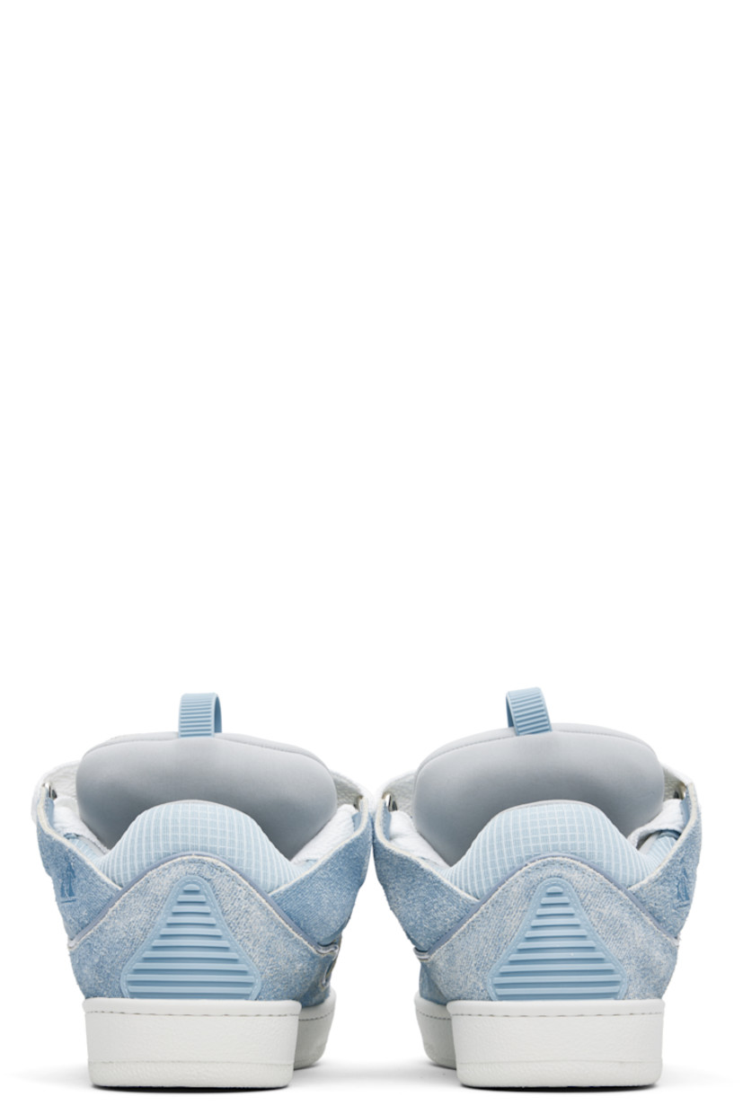 Low-top calfskin suede and ripstop sneakers in blue.

· Trompe l'oeil denim pattern throughout
· Piping, cutouts, and rubberized trim throughout
· Perforated detailing at toe 
· Logo embossed at toe and outer side
· Lace-up closure
· Logo plaque and pull-loop at tongue
· Padded tongue and collar
· Jersey lining
· Treaded rubber sole

Supplier color: Denim blue