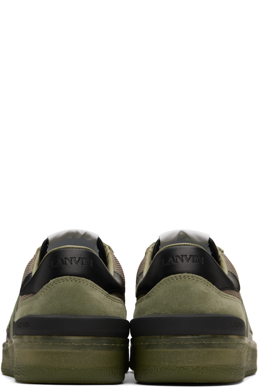 Low-top calfskin suede, buffed calfskin, and mesh sneakers in khaki. 

· Lace-up closure
· Logo flag at padded tongue
· Padded collar
· Logo appliqués at sides
· Logo stamp at outer side
· Logo embossed at heel tab 
· Logo-embossed rubber trim at heel counter
· Grained calfskin and mesh lining
· Treaded rubber sole

Supplier color: Vert de gris