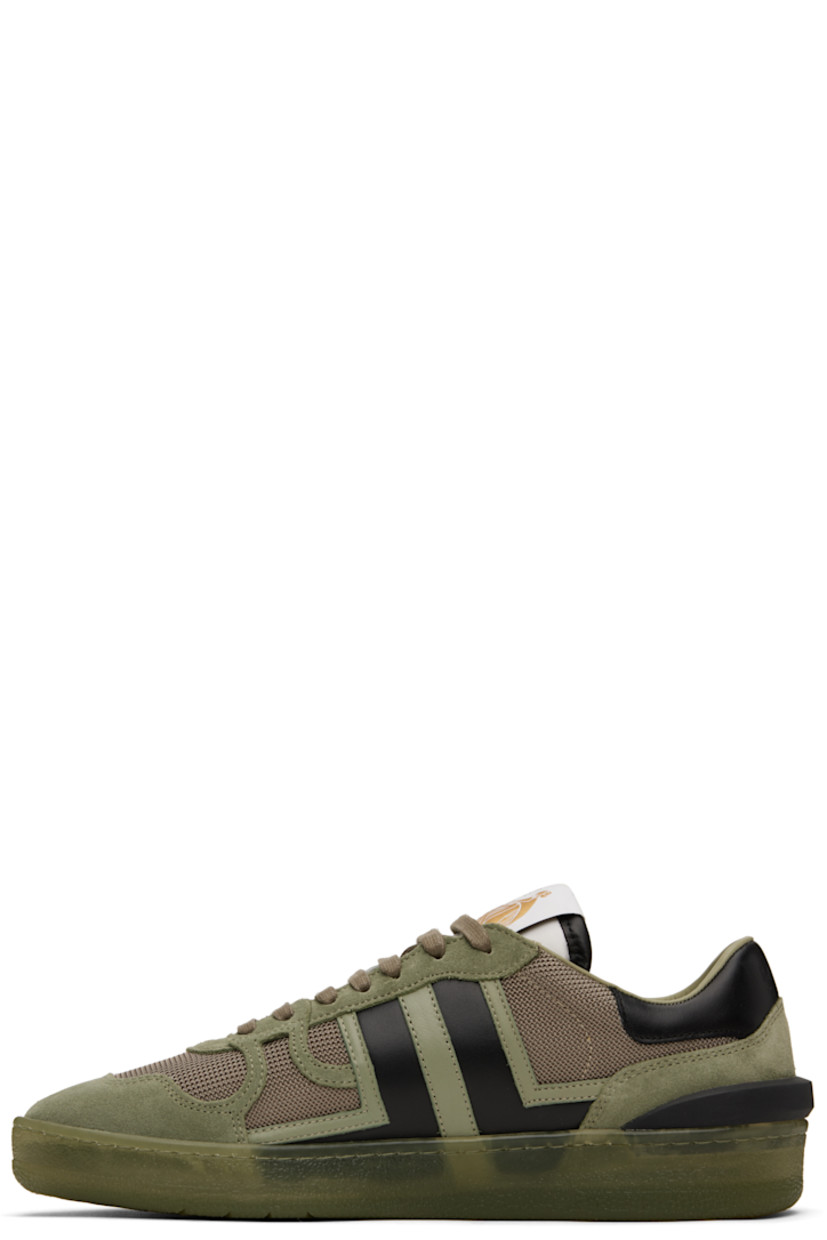 Low-top calfskin suede, buffed calfskin, and mesh sneakers in khaki. 

· Lace-up closure
· Logo flag at padded tongue
· Padded collar
· Logo appliqués at sides
· Logo stamp at outer side
· Logo embossed at heel tab 
· Logo-embossed rubber trim at heel counter
· Grained calfskin and mesh lining
· Treaded rubber sole

Supplier color: Vert de gris