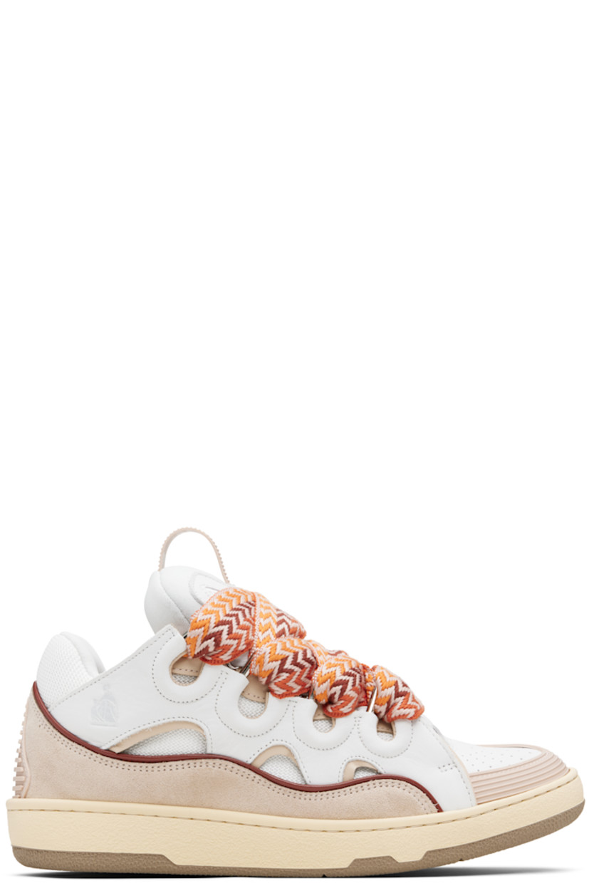 Low-top calfskin suede, grained calfskin, and mesh sneakers. 

· Piping, cutouts, and rubberized trim throughout
· Perforations at toe
· Logo embossed at toe and outer side
· Lace-up closure
· Logo plaque and pull-loop at tongue
· Padded tongue and collar
· Jersey lining
· Treaded rubber sole

Supplier color: White/Peach