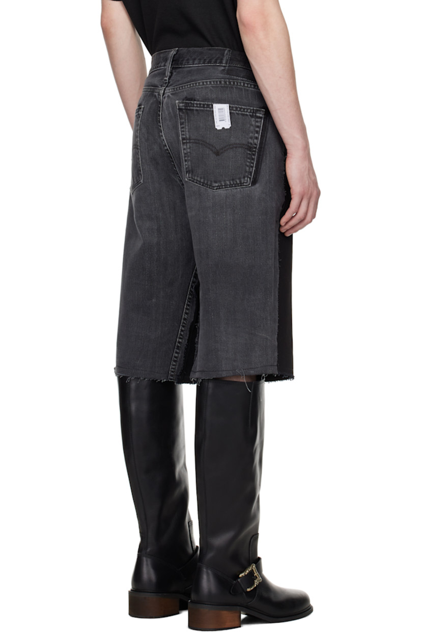 Upcycled non-stretch denim shorts. Fading and raw edges throughout.

· Paneled construction
· Belt loops
· Five-pocket styling
· Zip fly
· Logo flag at back pocket

Each item is unique. Please note coloration and finishings may vary.

Supplier color: Upcycled denim black