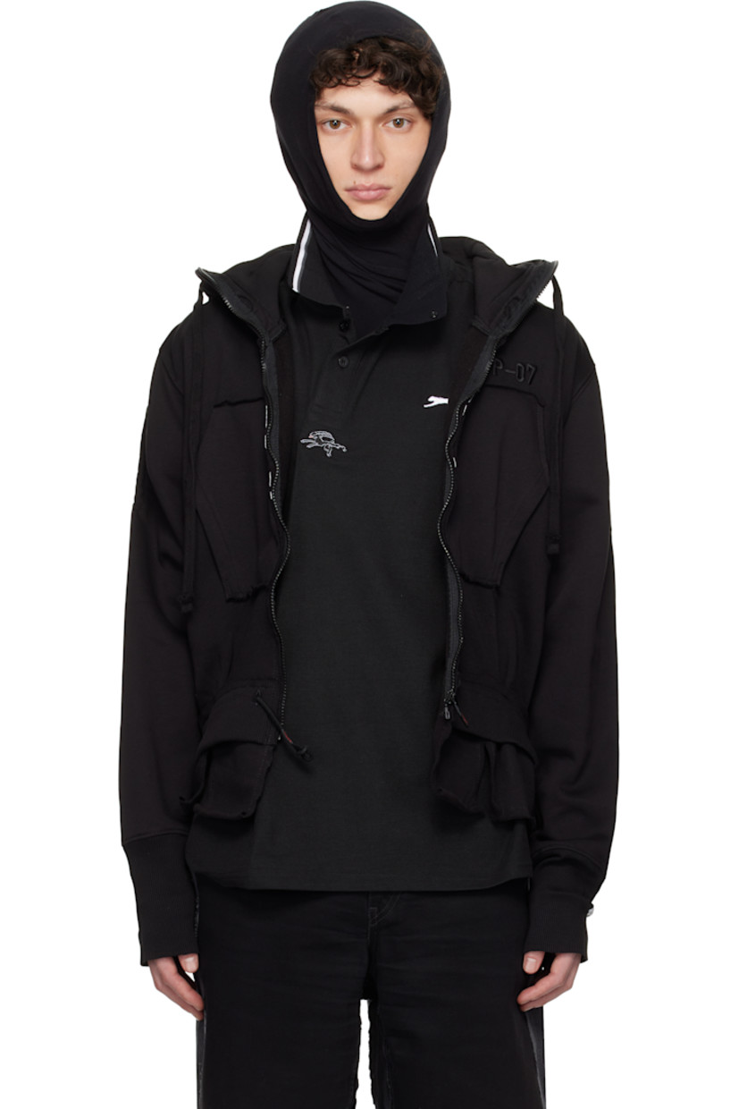 Upcycled cotton-blend fleece hoodie. Raw edges throughout.

· Drawstring at hood
· Funnel neck
· Zip closure
· Logo embroidered at chest
· Patch pockets
· Cord-lock drawstring at hem
· Rib-knit hem and cuffs
· Logo flag at cuff and back collar

Each item is unique. Please note coloration and finishings may vary.

Supplier color: Jersey black