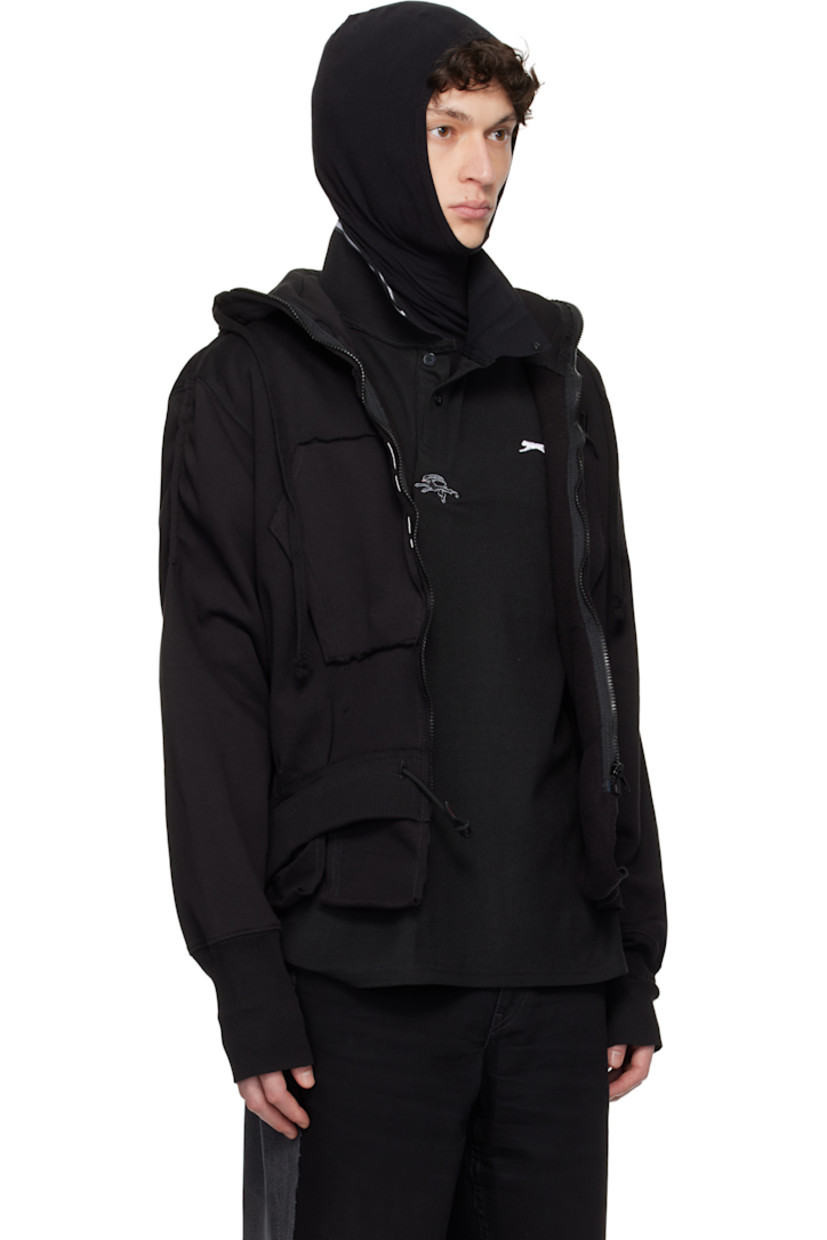 Upcycled cotton-blend fleece hoodie. Raw edges throughout.

· Drawstring at hood
· Funnel neck
· Zip closure
· Logo embroidered at chest
· Patch pockets
· Cord-lock drawstring at hem
· Rib-knit hem and cuffs
· Logo flag at cuff and back collar

Each item is unique. Please note coloration and finishings may vary.

Supplier color: Jersey black