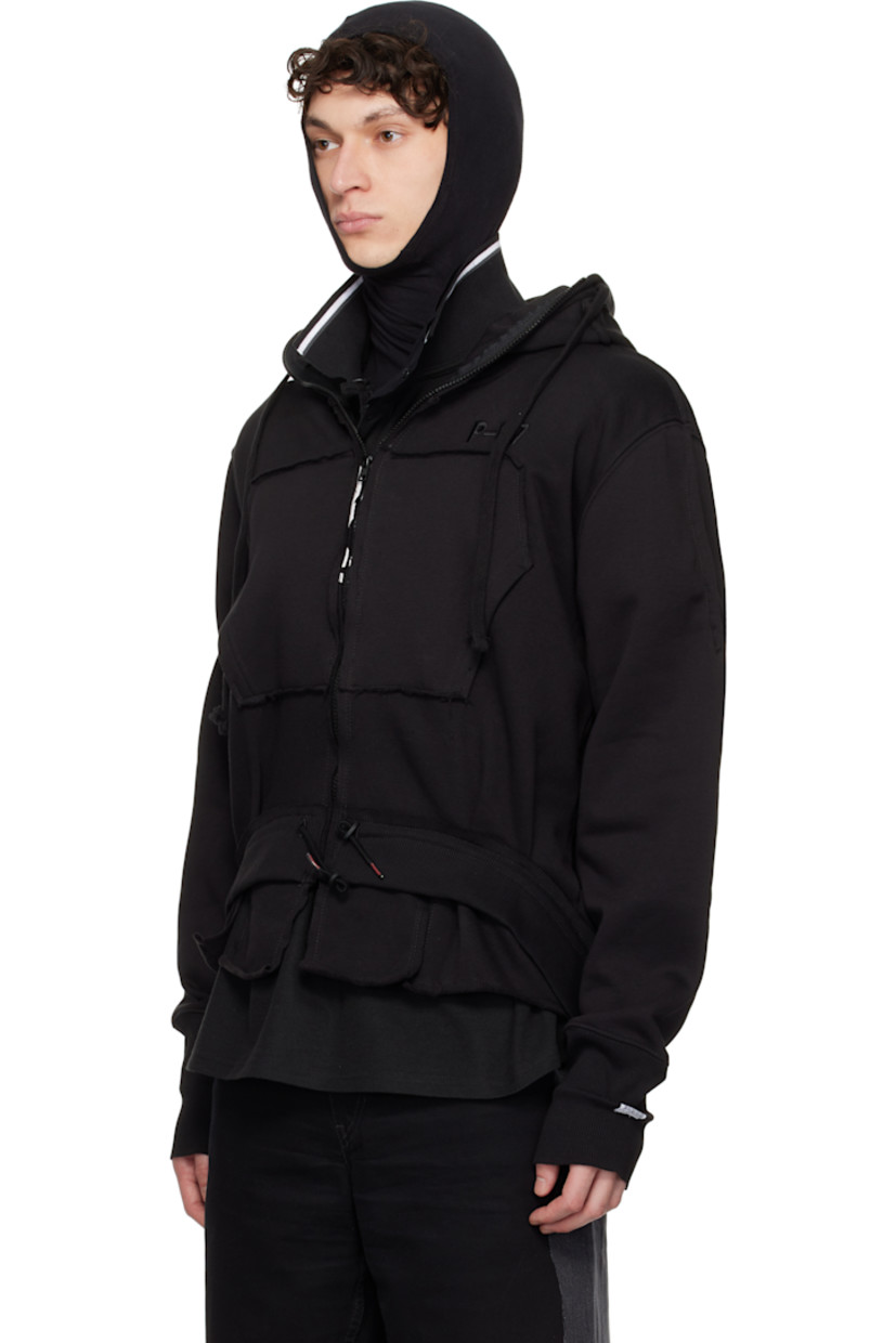Upcycled cotton-blend fleece hoodie. Raw edges throughout.

· Drawstring at hood
· Funnel neck
· Zip closure
· Logo embroidered at chest
· Patch pockets
· Cord-lock drawstring at hem
· Rib-knit hem and cuffs
· Logo flag at cuff and back collar

Each item is unique. Please note coloration and finishings may vary.

Supplier color: Jersey black