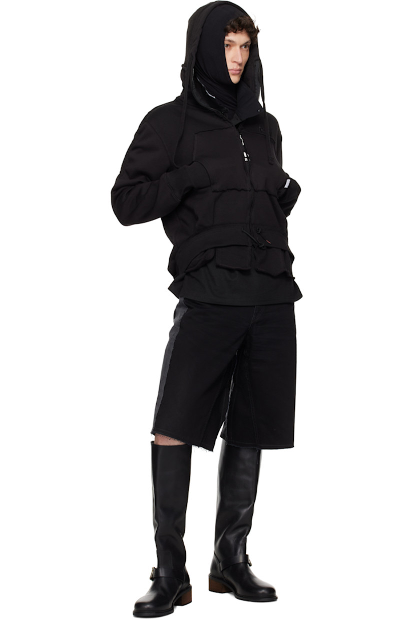 Upcycled cotton-blend fleece hoodie. Raw edges throughout.

· Drawstring at hood
· Funnel neck
· Zip closure
· Logo embroidered at chest
· Patch pockets
· Cord-lock drawstring at hem
· Rib-knit hem and cuffs
· Logo flag at cuff and back collar

Each item is unique. Please note coloration and finishings may vary.

Supplier color: Jersey black
