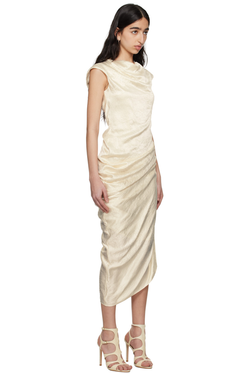 Crinkled acetate satin midi dress. Draping throughout.

· Asymmetrical construction
· Cowl neck
· Zip closure at side seam
· Cap sleeves
· Partial crêpe lining

Supplier color: Oyster