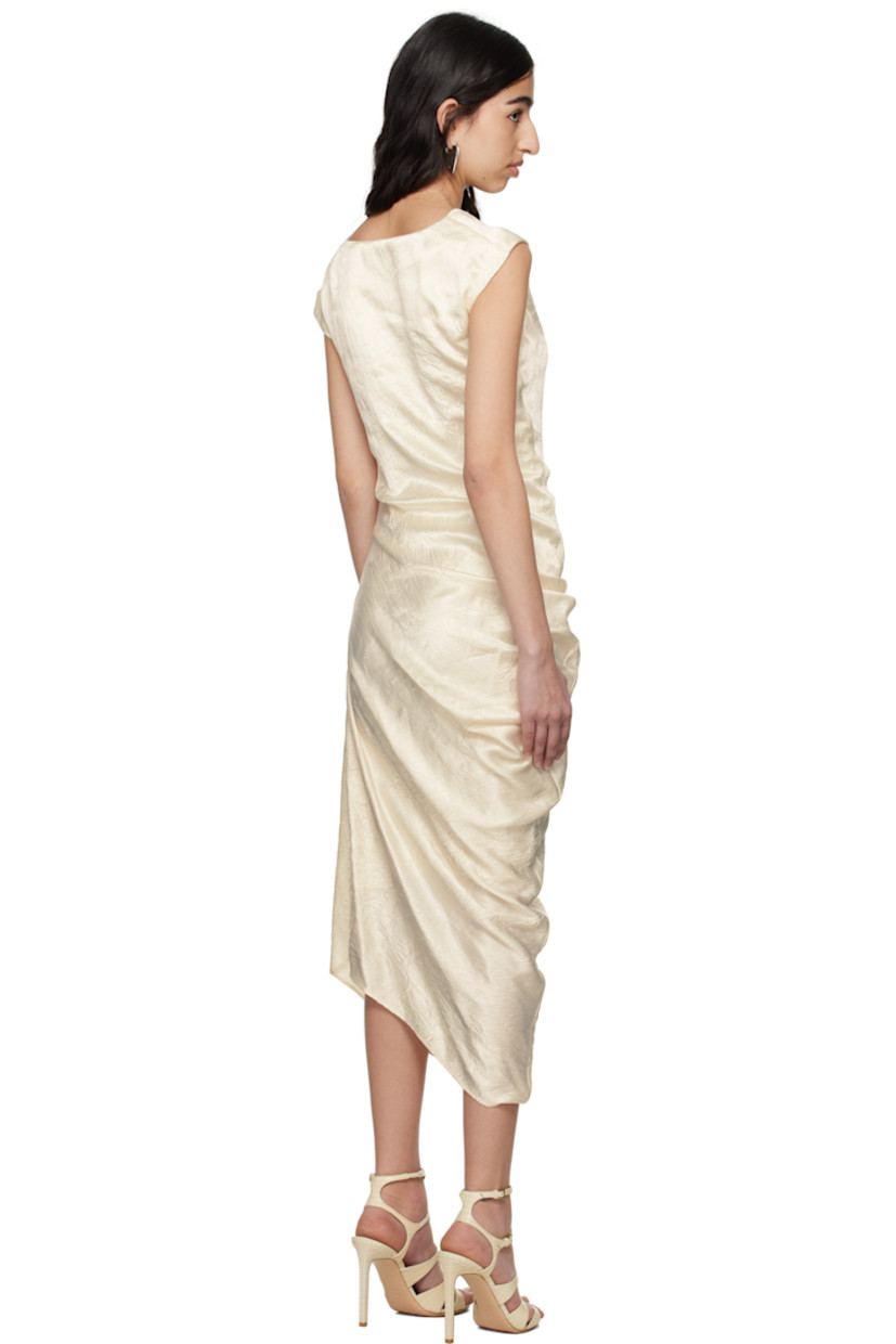Crinkled acetate satin midi dress. Draping throughout.

· Asymmetrical construction
· Cowl neck
· Zip closure at side seam
· Cap sleeves
· Partial crêpe lining

Supplier color: Oyster
