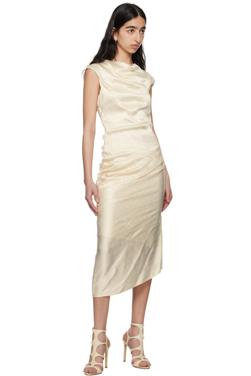 Crinkled acetate satin midi dress. Draping throughout.

· Asymmetrical construction
· Cowl neck
· Zip closure at side seam
· Cap sleeves
· Partial crêpe lining

Supplier color: Oyster