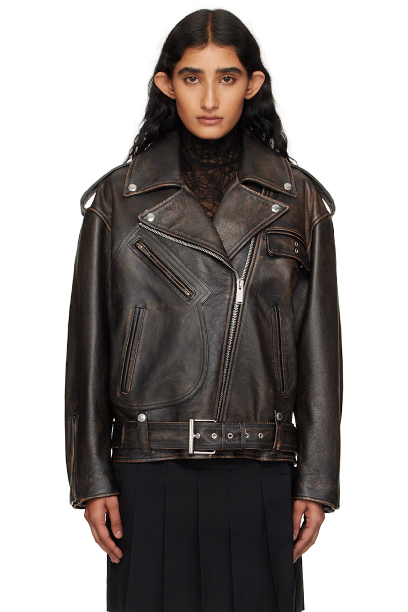 Grained calfskin jacket. 

· Smudging throughout 
· Notched lapel
· Offset zip closure
· Flap pocket at chest
· Zip pockets at front 
· Press-stud belt loops at waist 
· Detachable pin-buckle belt 
· Zip expansion panel at cuffs
· Welt pocket at interior 
· Full twill lining 

Supplier color: Dark brown