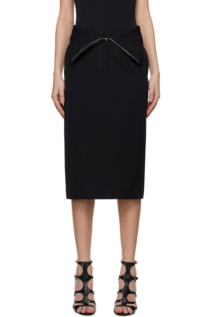 Wool gabardine midi skirt.

· Zip closure at foldover waist
�· Concealed hook-eye fastening at closure
· Central vent at back hem
· Full silk-blend satin lining

Supplier color: Black