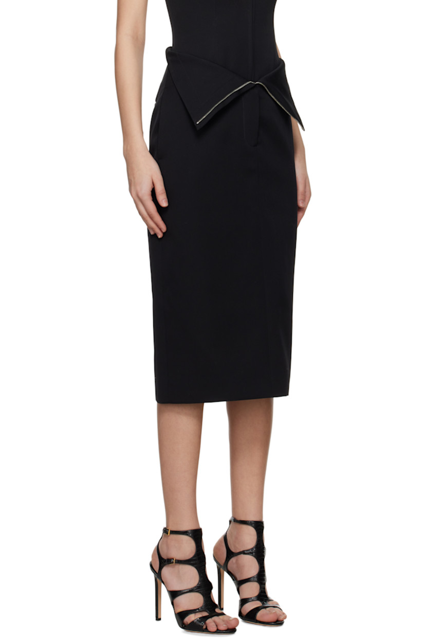 Wool gabardine midi skirt.

· Zip closure at foldover waist
· Concealed hook-eye fastening at closure
· Central vent at back hem
· Full silk-blend satin lining

Supplier color: Black