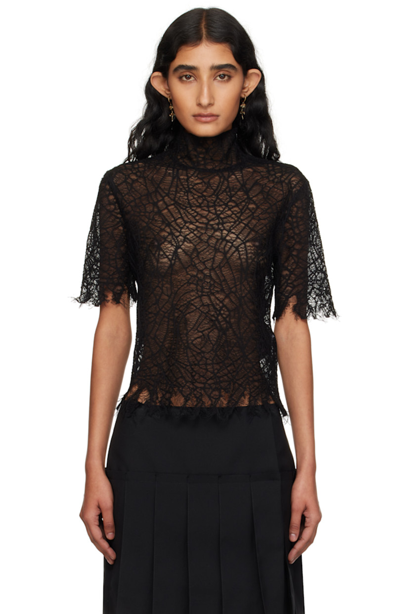 Cotton- and silk-blend lace top. 

· Semi-sheer 
· Turtleneck
· Raw edge at hem and cuffs

Supplier color: Black