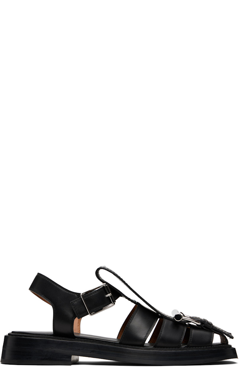 Buffed calfskin sandals.

· Cutouts and logo-engraved pin-buckle hardware at vamp
· Pin-buckle ankle strap
· Logo printed at leather footbed
· Stacked leather heel and midsole
· Logo embossed at rubber sole

Supplier color: Black
