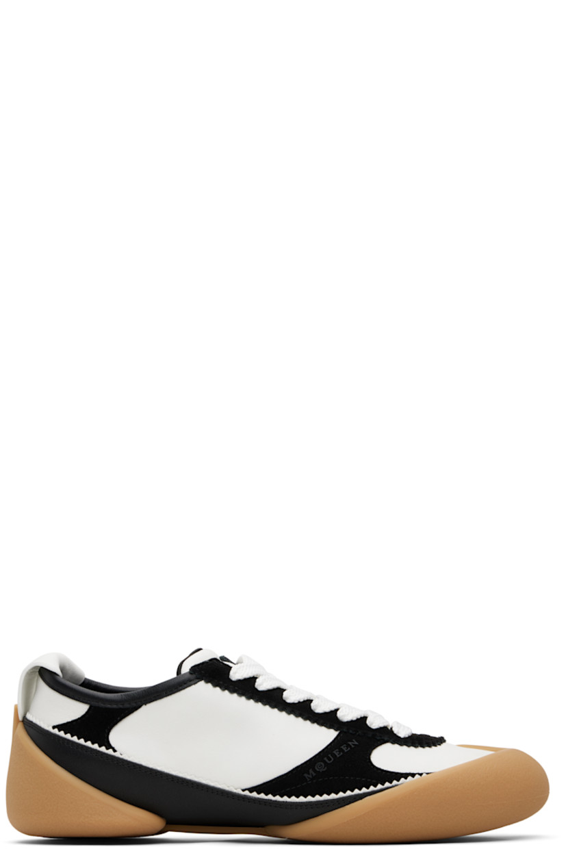 Low-top buffed calfskin and calfskin suede sneakers.

· Serrated edges throughout
· Rubber cap toe
· Lace-up closure
· Padded tongue
· Logo bonded at outer side
· Logo-embossed pull-tab at heel collar
· Textured rubber sole

Supplier color: White/Black