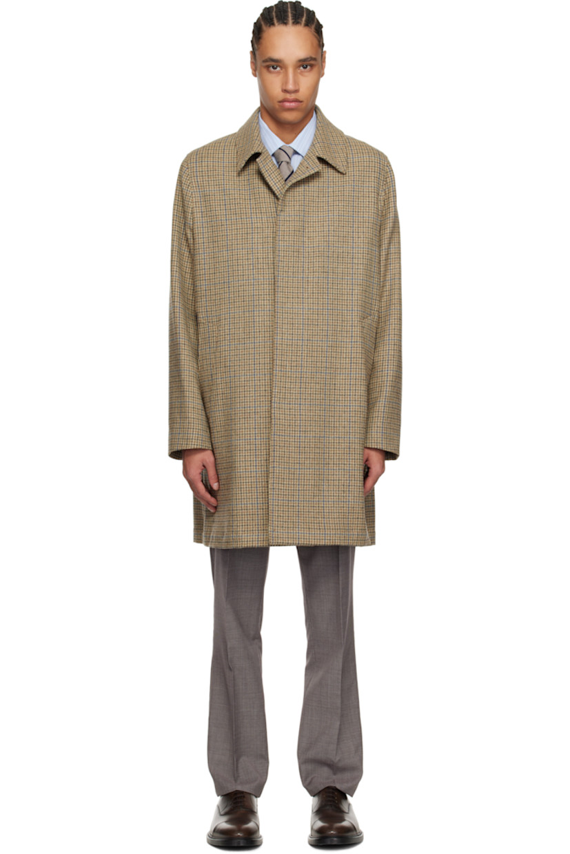 Wool tweed coat. Check pattern throughout. 

· Spread collar
· Concealed button closure
· Welt pockets 
· Button vent at back hem
· Welt pockets at interior
· Partial viscose satin lining

Supplier color: Brown