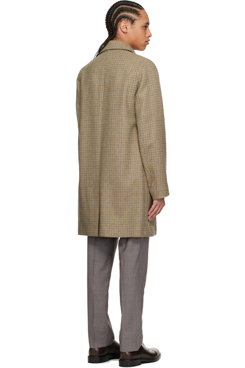 Wool tweed coat. Check pattern throughout. 

· Spread collar
· Concealed button closure
· Welt pockets 
· Button vent at back hem
· Welt pockets at interior
· Partial viscose satin lining

Supplier color: Brown