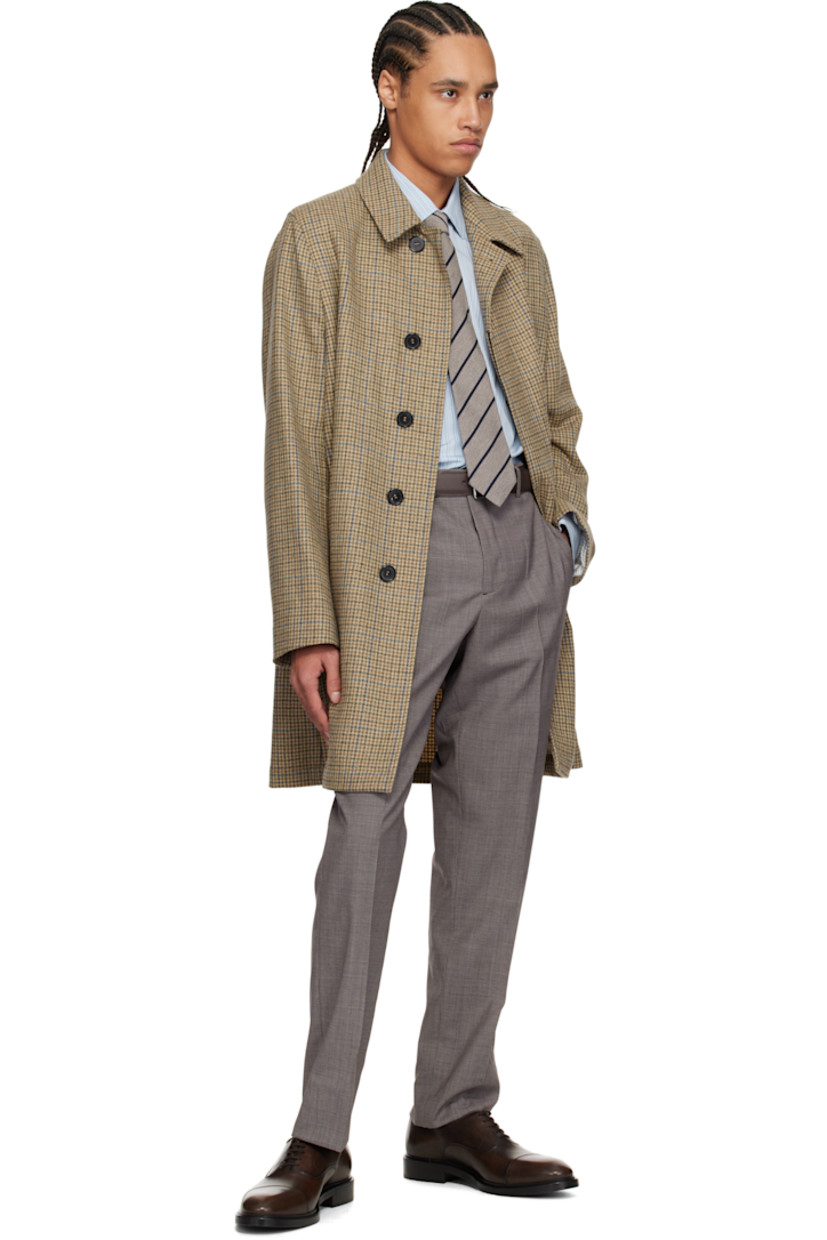 Wool tweed coat. Check pattern throughout. 

· Spread collar
· Concealed button closure
· Welt pockets 
· Button vent at back hem
· Welt pockets at interior
· Partial viscose satin lining

Supplier color: Brown