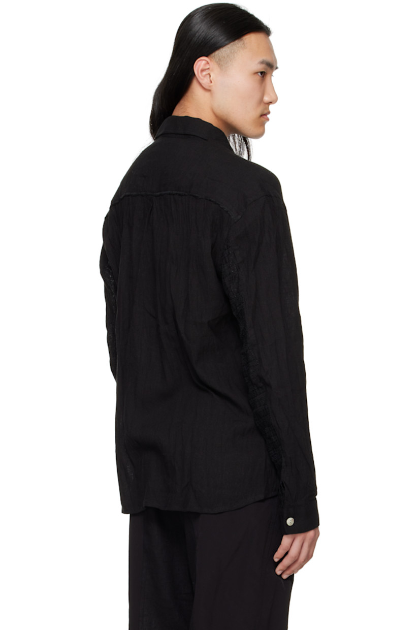Semi-sheer crinkled plain-woven linen-blend shirt. 

· Spread collar
· Two-way Excella® zip closure
· Topstitching at chest and yoke 
· Droptail hem
· Seersucker trim at sleeves and side seams 
· Buttoned barrel cuffs
· Inverted box pleat at yoke

Supplier color: Black