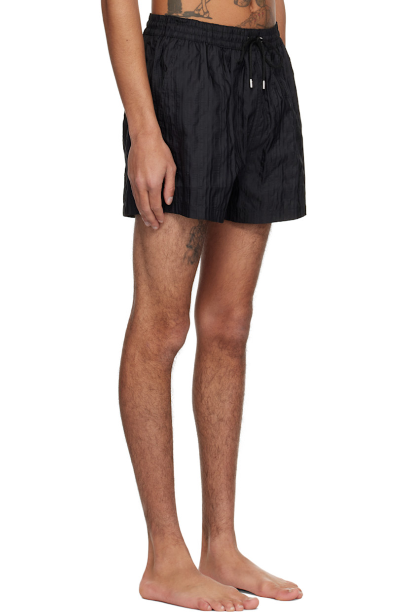 Polyester- and nylon-blend seersucker swim shorts. Stripes throughout.

· Drawstring at elasticized waistband
· Three-pocket styling
· Vented outseams
· Locker loop at back waistband
· Brief-style mesh lining

Supplier color: Black
