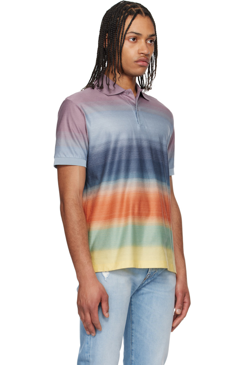 Knit cotton polo. Jacquard gradient stripe pattern throughout.

· Rib-knit spread collar and cuffs
· Two-button placket
· Tennis-tail hem

Supplier color: Multicolour