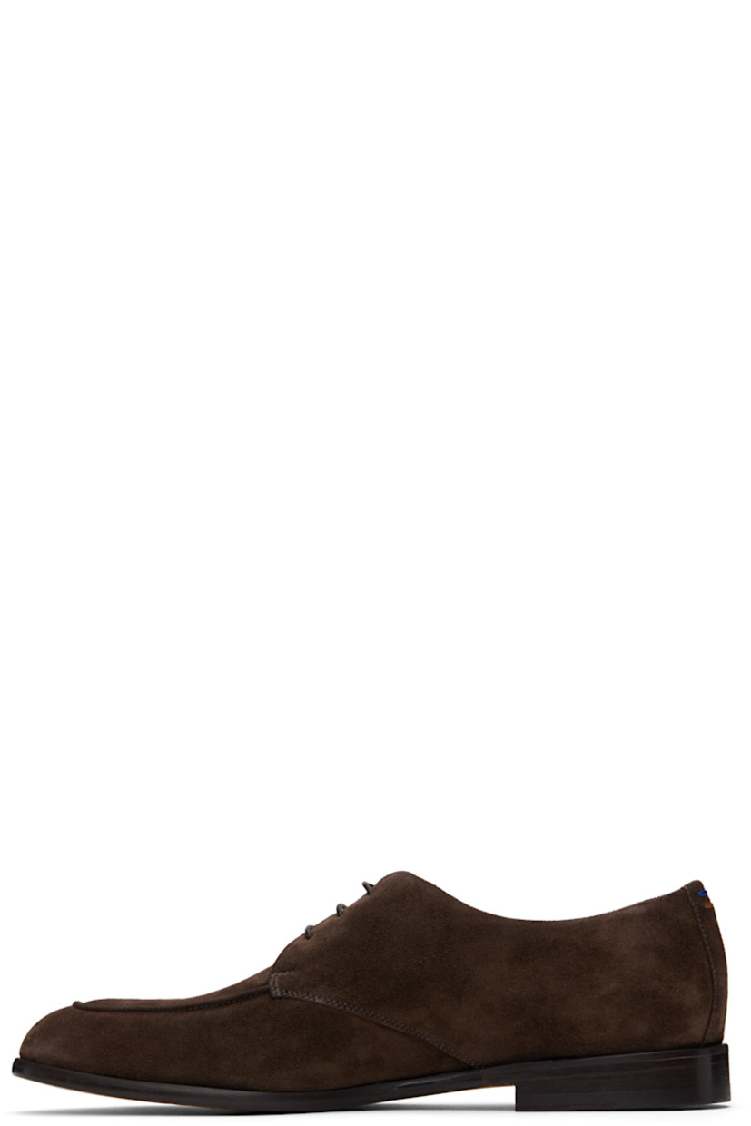 Suede derbys in brown.

· Almond moc toe
· Lace-up closure
· Contrast stitches at heel tab
· Buffed leather and suede lining
· Stacked leather block heel
· Polished leather sole

Supplier color: Dark brown