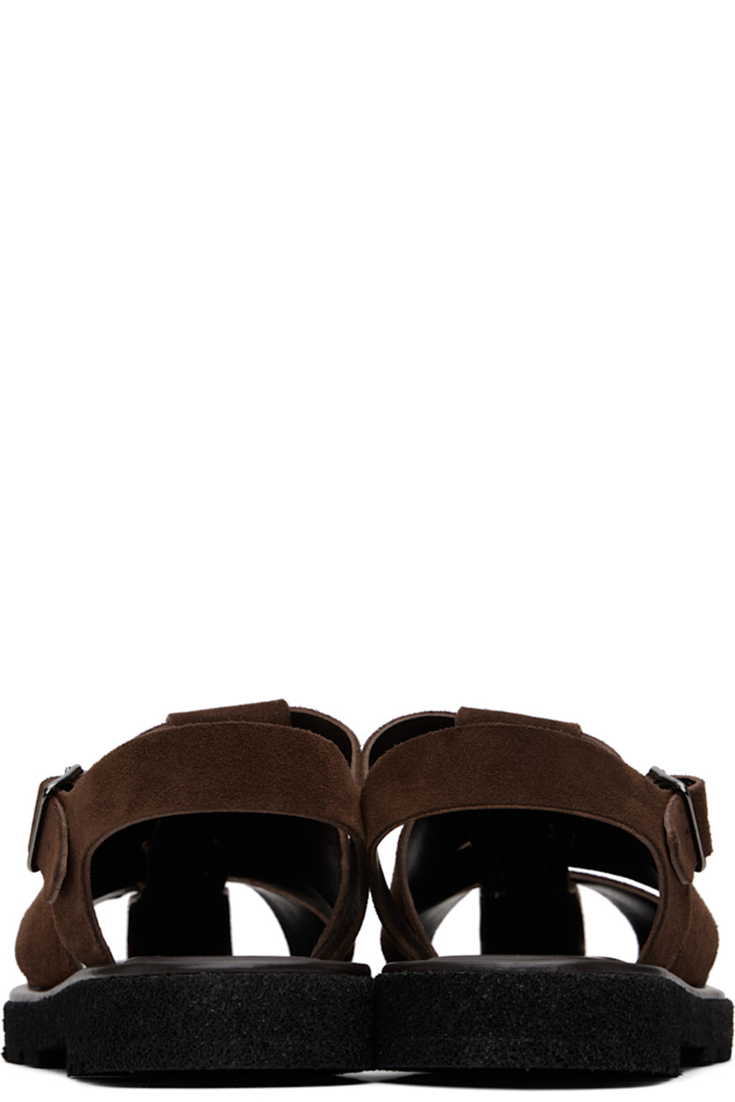 Woven suede sandals in brown.

· Pin-buckle ankle strap
· Logo stamp at padded footbed
· Treaded Rubex® rubber sole

Supplier color: Chocolate