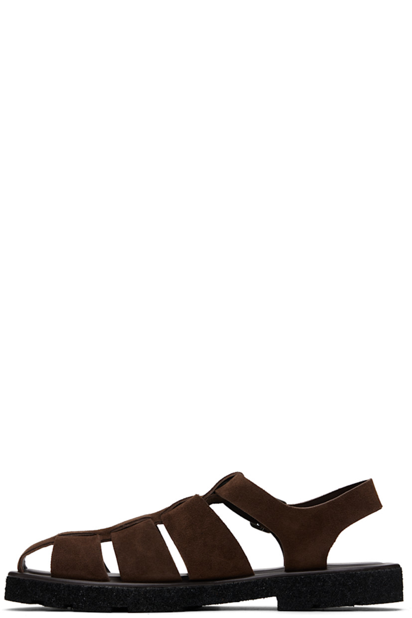 Woven suede sandals in brown.

· Pin-buckle ankle strap
· Logo stamp at padded footbed
· Treaded Rubex® rubber sole

Supplier color: Chocolate
