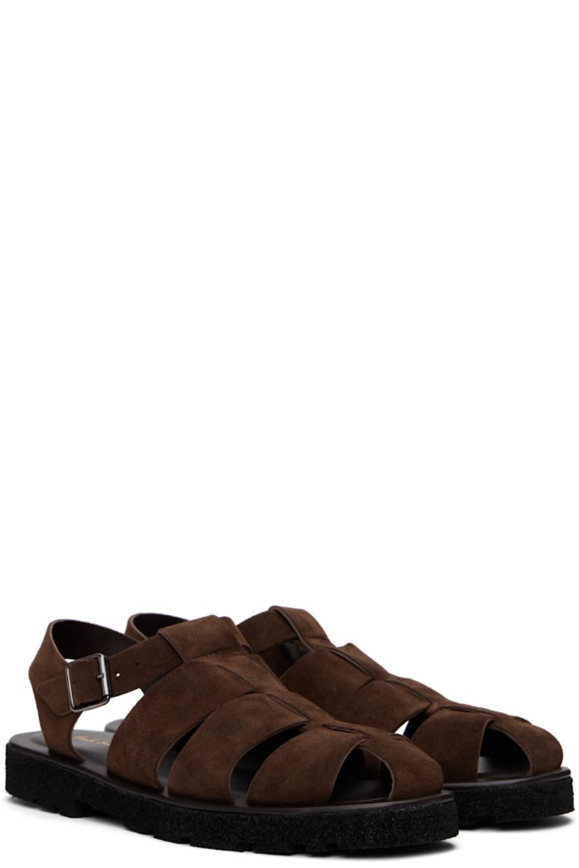 Woven suede sandals in brown.

· Pin-buckle ankle strap
· Logo stamp at padded footbed
· Treaded Rubex® rubber sole

Supplier color: Chocolate