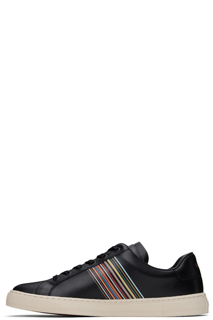 Low-top buffed leather sneakers in black.

· Lace-up closure
· Logo stamp at tongue and heel tab
· Padded tongue and collar
· Signature stripes at sides
· Buffed leather lining
· Logo patch at textured rubber midsole
· Logo-treaded rubber sole

Supplier color: Black