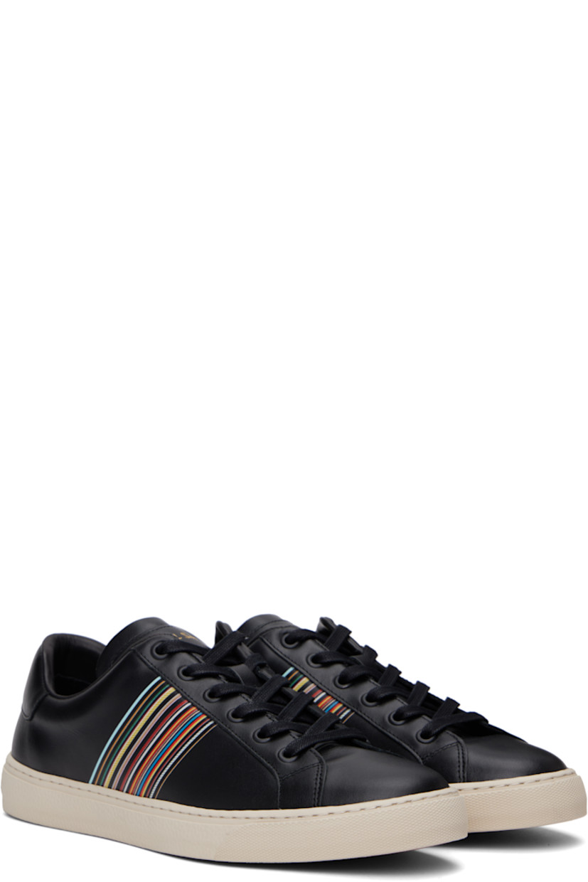 Low-top buffed leather sneakers in black.

· Lace-up closure
· Logo stamp at tongue and heel tab
· Padded tongue and collar
· Signature stripes at sides
· Buffed leather lining
· Logo patch at textured rubber midsole
· Logo-treaded rubber sole

Supplier color: Black
