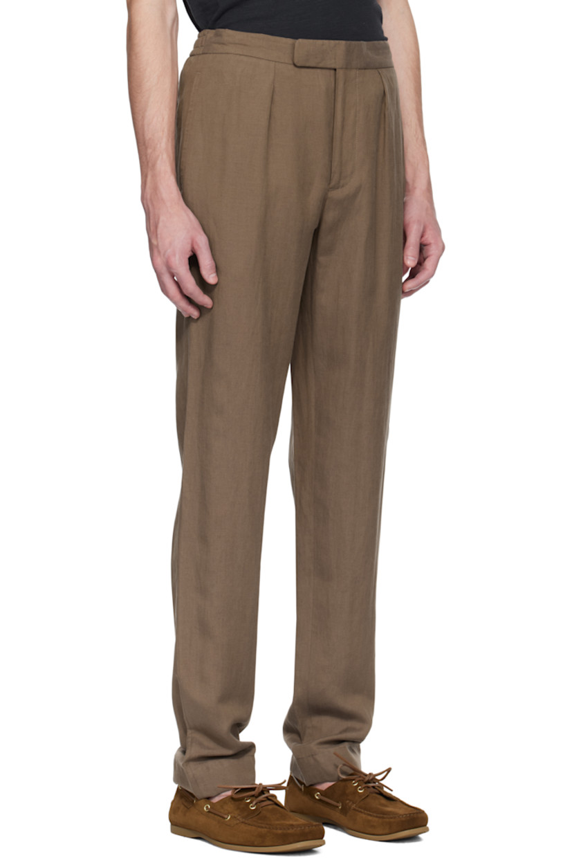 Lightweight washed silk- and linen-blend hopsack trousers. 

· Concealed drawstring at elasticized waistband
· Four-pocket styling
· Zip fly
· Pleats at front 
· Mother-of-pearl hardware

Supplier color: Espresso