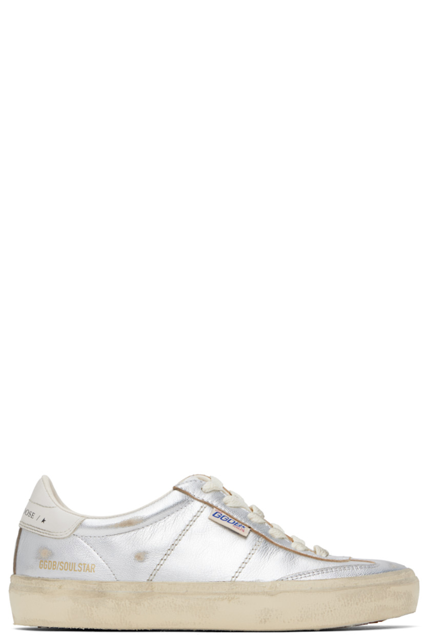 Handcrafted low-top grained sheepskin sneakers in metallic silver tone. 

· Smudging and subtle distressing throughout
· Lace-up closure
· Logo embossed at padded tongue
· Padded collar
· Logo flag and stamp at outer side
· Logo printed at buffed leather heel tab
· Buffed faux-leather and terrycloth lining
· Treaded rubber sole

Supplier color: Silver/White/Milk white