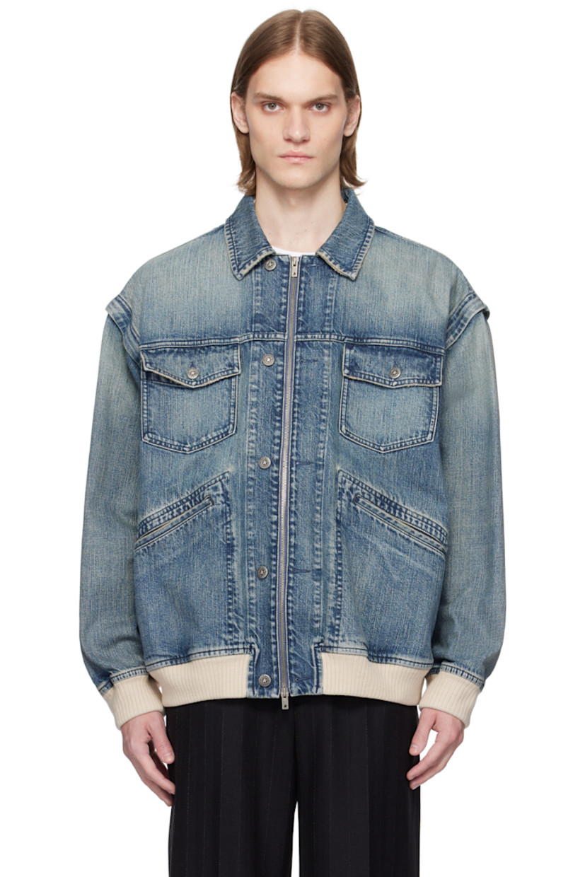 Non-stretch denim jacket. Fading and subtle distressing throughout.

· Spread collar
· Zip closure with button placket
· Flap and welt pockets
· Rib-knit hem and cuffs
· Dropped shoulders
· Detachable sleeves for alternate styling
· Logo hardware at back collar

Part of the Journey collection.

Supplier color: Blue